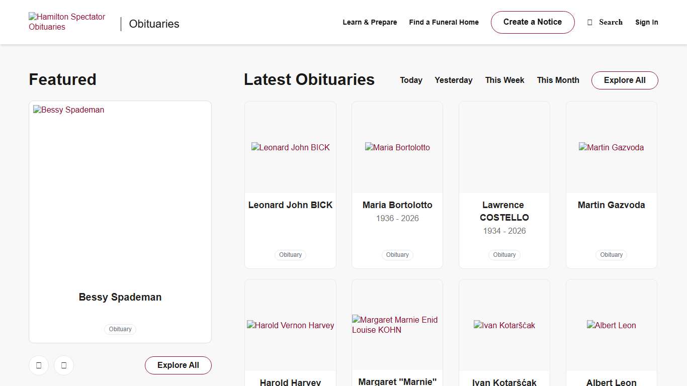 Obituaries Hamilton Spectator